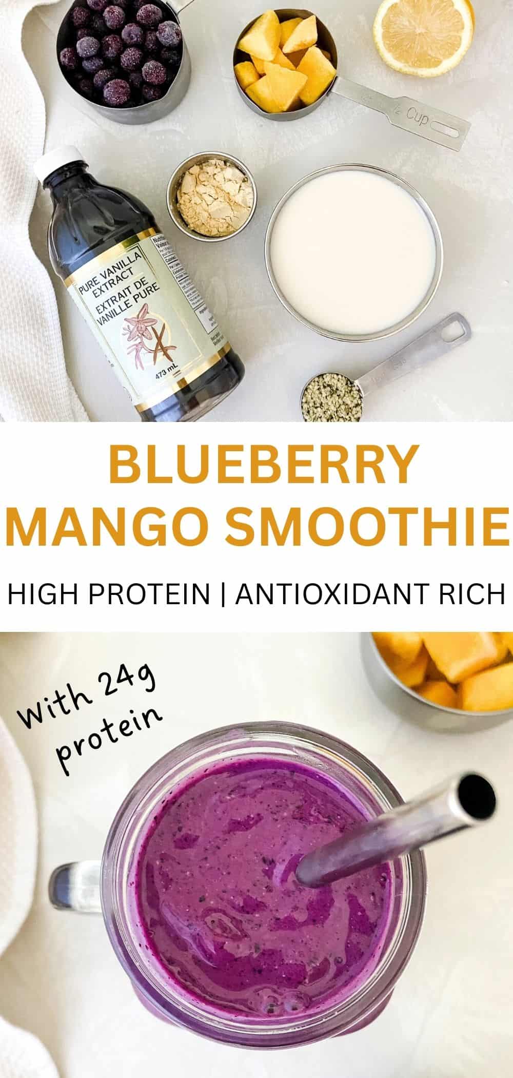 Overhead photo of blueberry mango smoothie ingredients with frozen blueberries, mango, soy milk, vanilla protein powder, hemp seeds, lemon and vanilla extract above a glass jar of the finished smoothie with stainless steel straw.