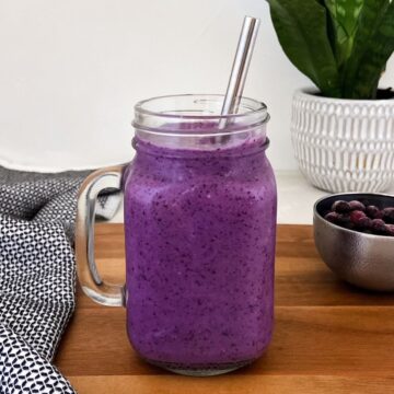Enjoy this refreshing and creamy blueberry protein smoothie, packed with antioxidants, plant protein, and gut friendly fiber. This high protein blueberry smoothie is subtly sweet, dairy free, and incredibly satisfying.