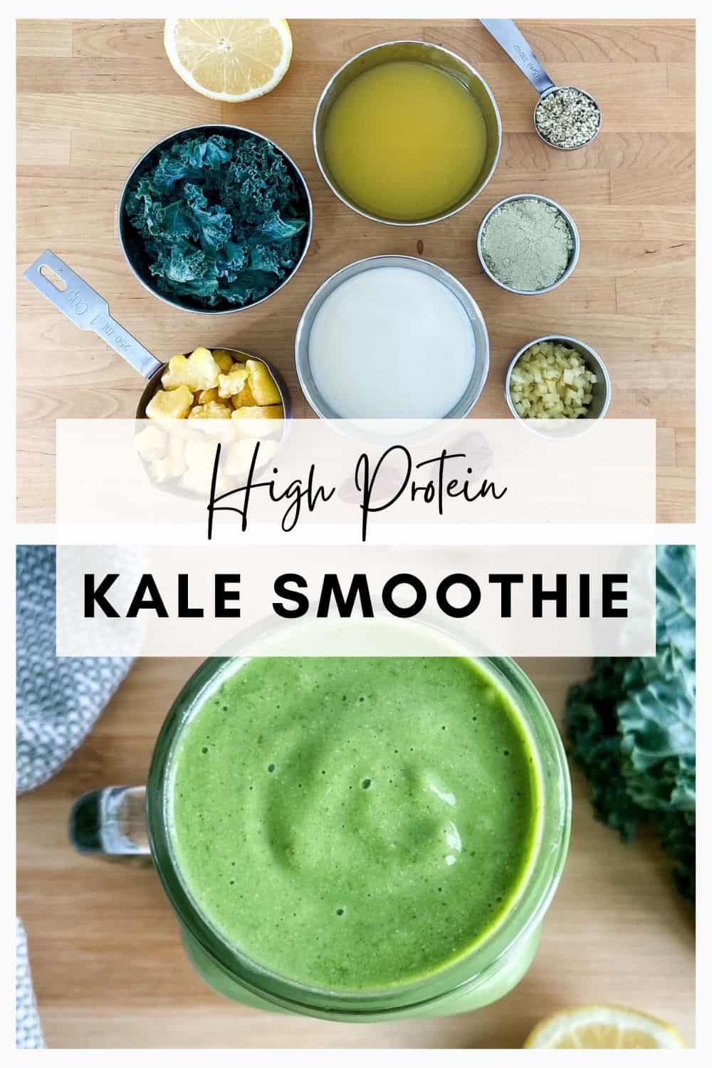 Green kale smoothie in a glass jar with ingredients arranged overhead on a wooden counter