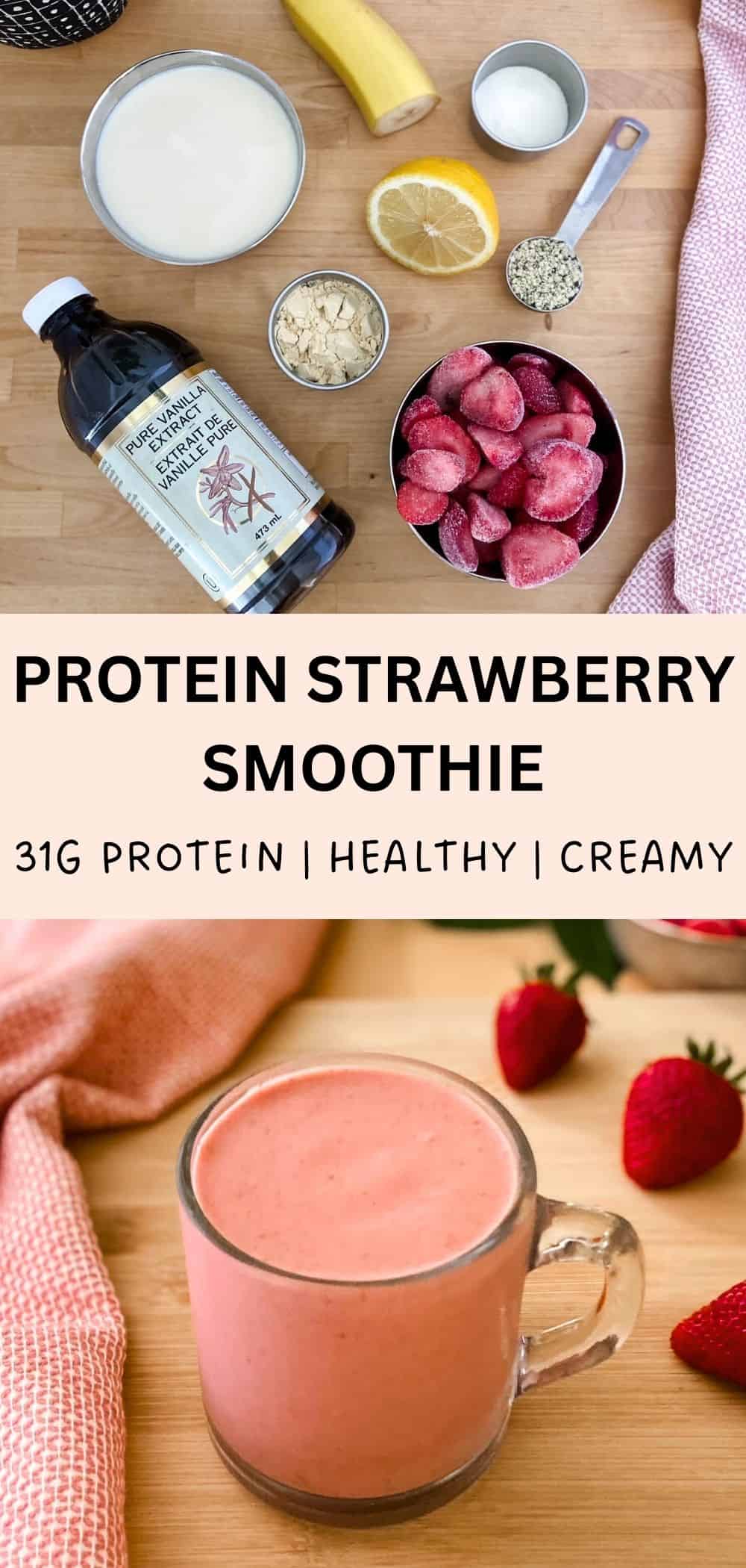 Overhead split image showing smoothie ingredients, including soy milk, banana, lemon, hemp seeds, collagen powder, vanilla extract, vanilla protein powder, and frozen strawberries, with the finished pink smoothie in a clear mug below.