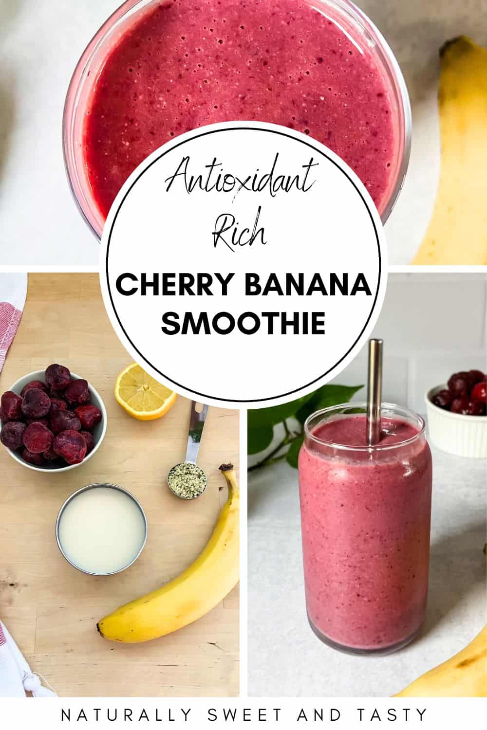 A collage showing a cherry banana smoothie in a clear glass along with the ingredients laid out, including frozen cherries, banana, lemon, soy milk, and hemp seeds.