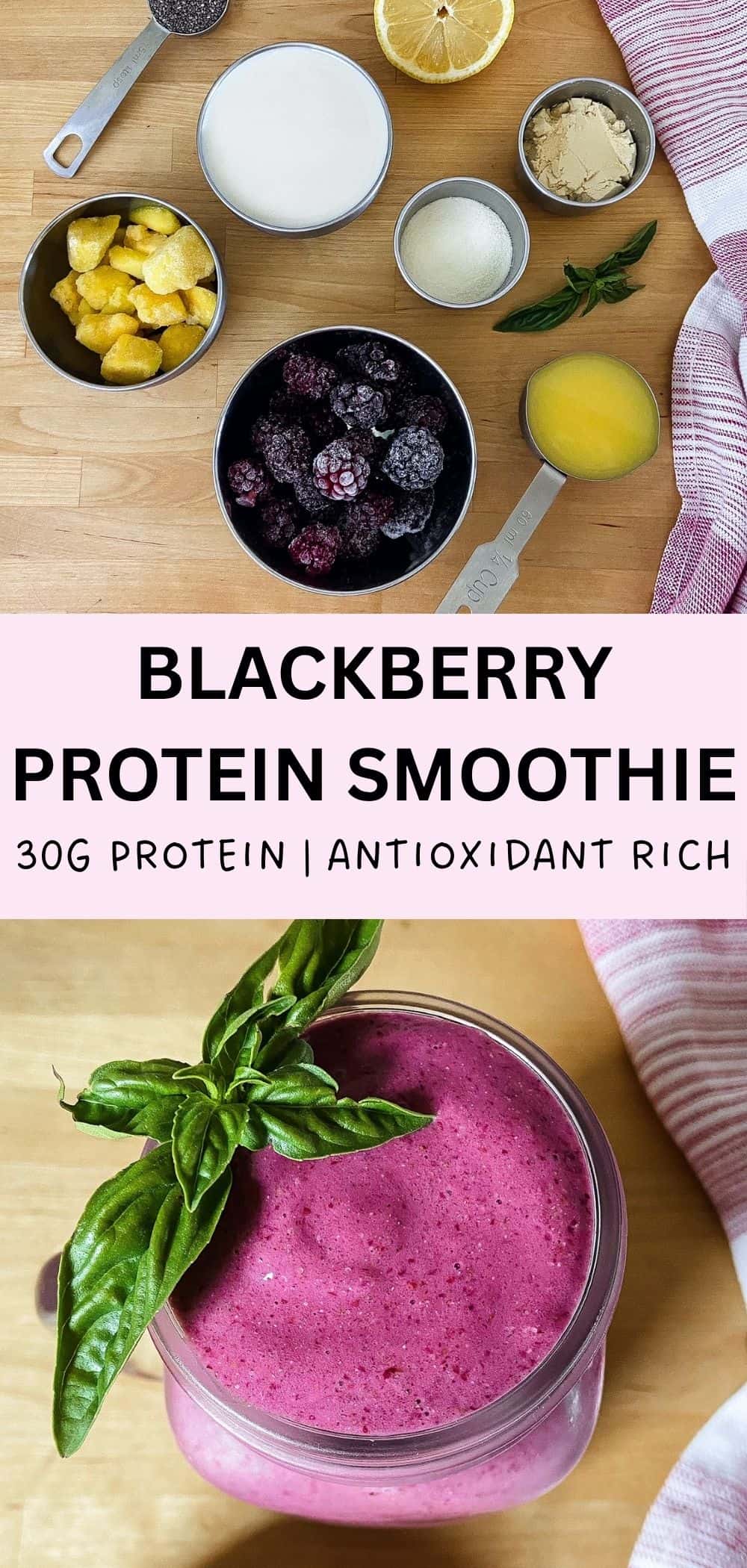 A pin image with two photos stacked vertically. The top shows smoothie ingredients neatly arranged on a wooden surface and the bottom shows a creamy purple smoothie in a glass jar topped with fresh basil.