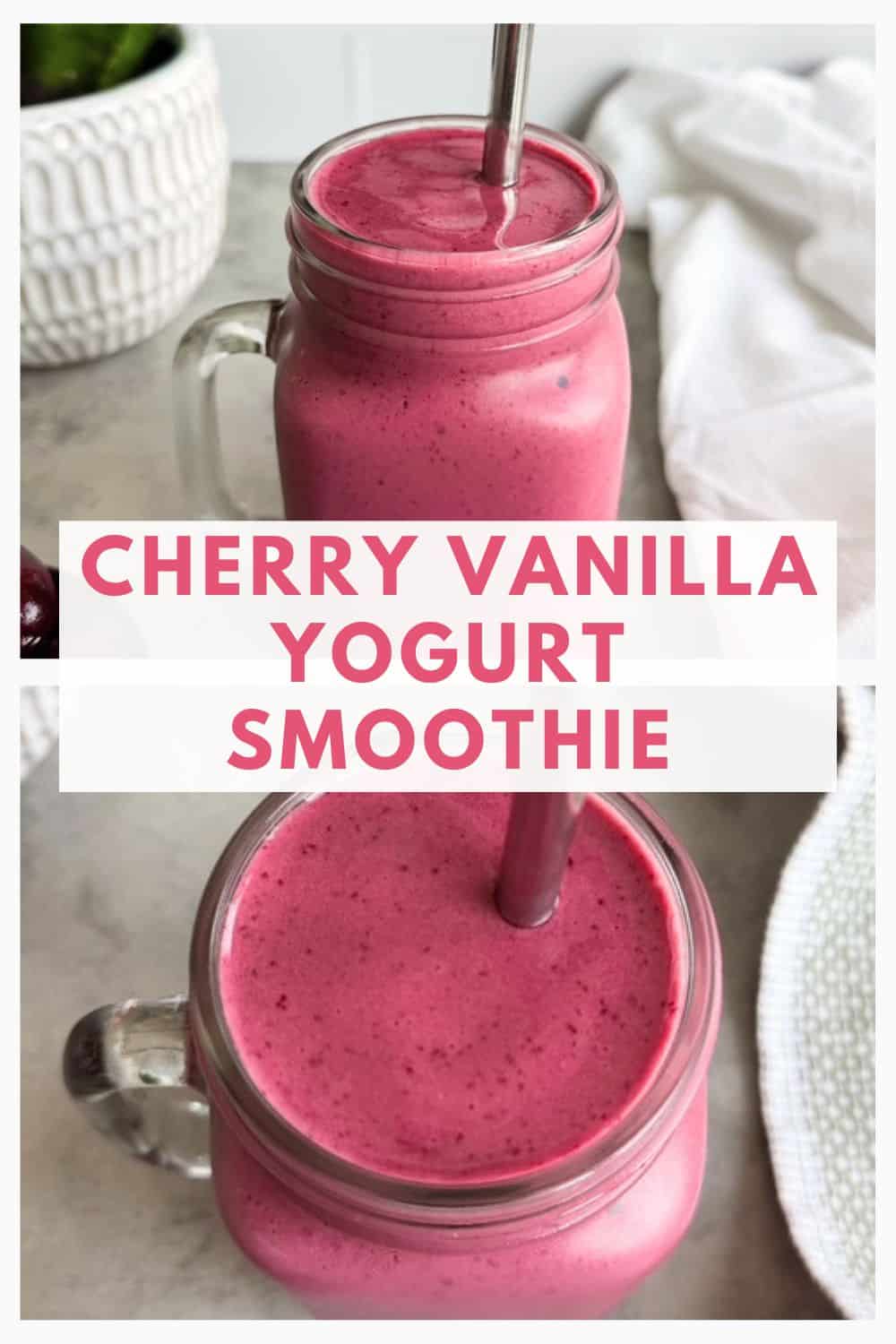 Top image shows a cherry yogurt smoothie in a glass mason jar with a straw, while the bottom image shows a close up of the creamy cherry smoothie with a smooth texture