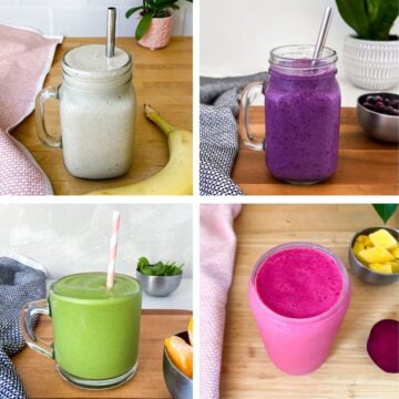 Collage of four high protein smoothies including banana, blueberry, mango spinach, and beet smoothie.