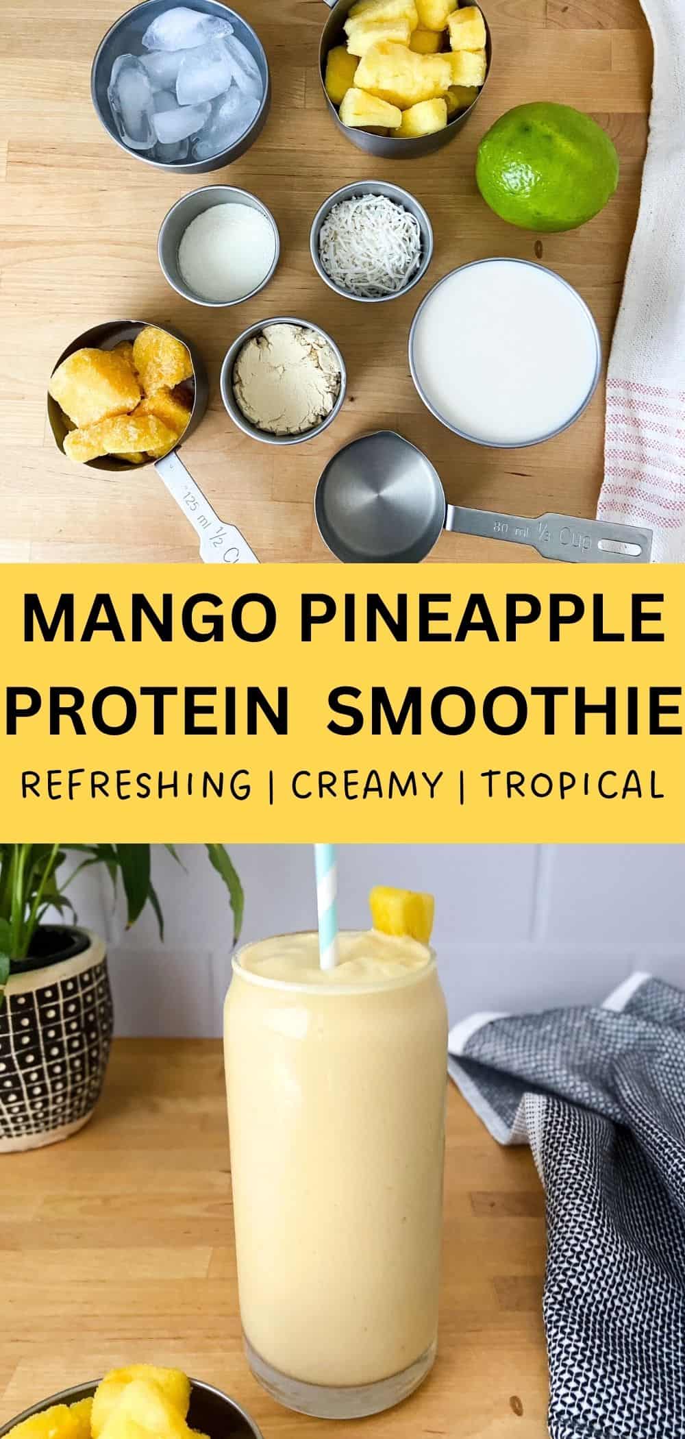 A two image pin with the top panel showing smoothie ingredients arranged in small bowls and measuring cups on a wooden counter, and the bottom panel showing a tall light yellow smoothie in a glass with a striped straw.