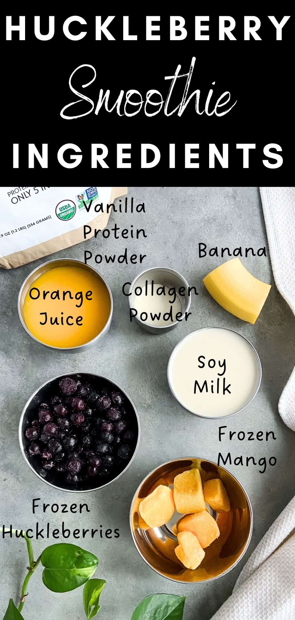 Overhead view of smoothie ingredients arranged on a gray surface, including frozen berries, frozen mango chunks, soy milk, orange juice, banana, protein powder, collagen powder, and green leaves.
