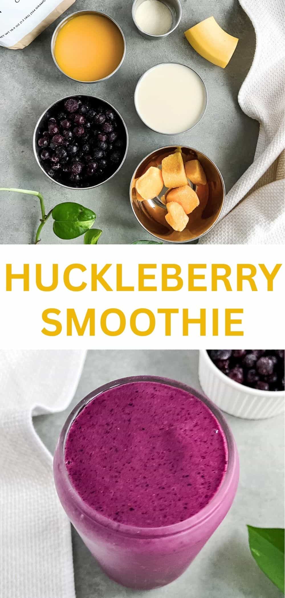 A vertical pin showing smoothie ingredients arranged at the top and a finished thick purple berry smoothie in a glass below, styled on a light countertop with simple kitchen props.