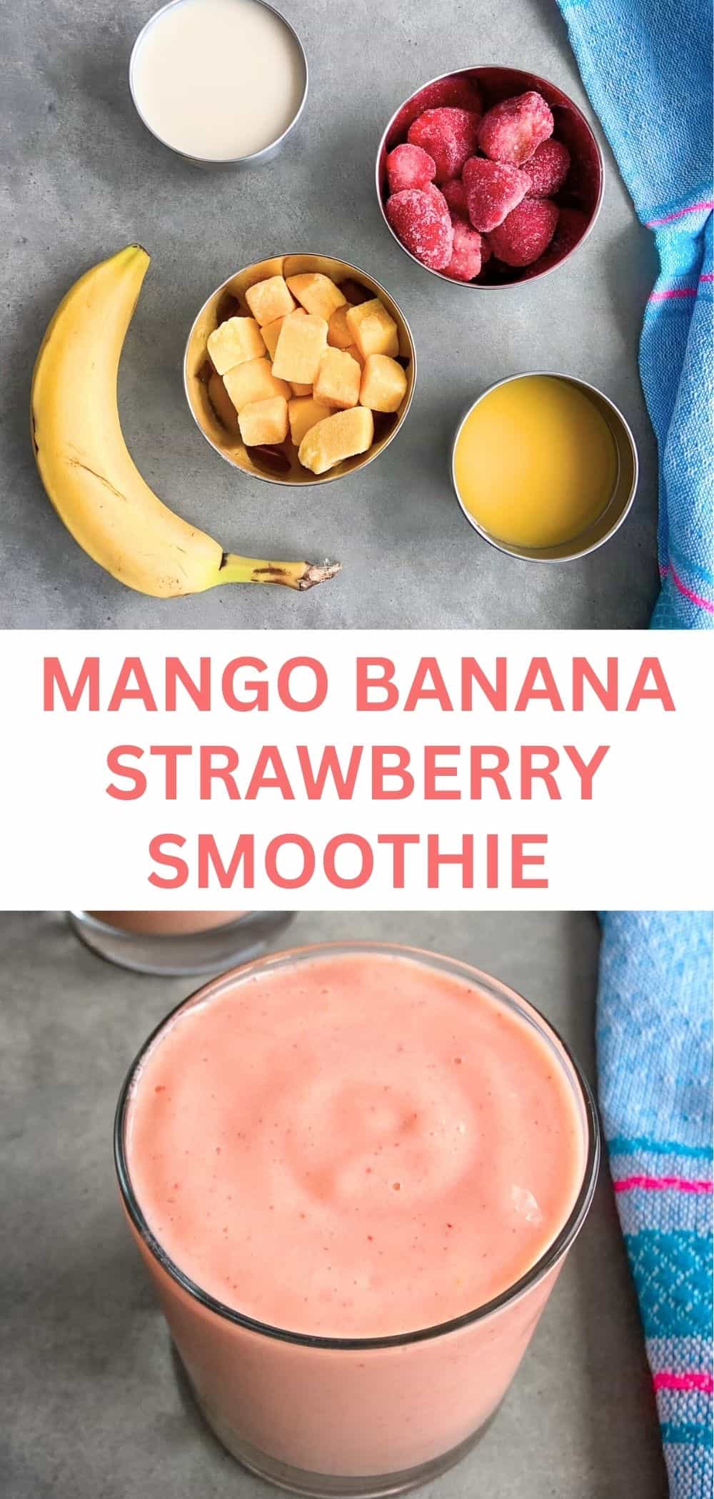 Overhead and close up views of smoothie ingredints including frozen strawberries, frozen mango, banana, soy milk, and orange juice shown above and a creamy pink smoothie in a glass below on a gray surface.