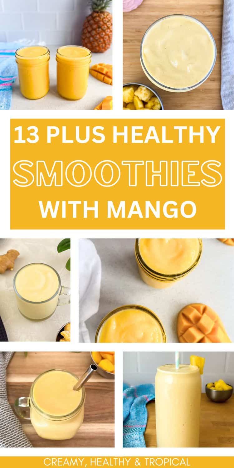 Collage of creamy mango smoothies in jars and glasses with fresh mango pieces on a kitchen counter, featuring bright yellow blended drinks with smooth textures.