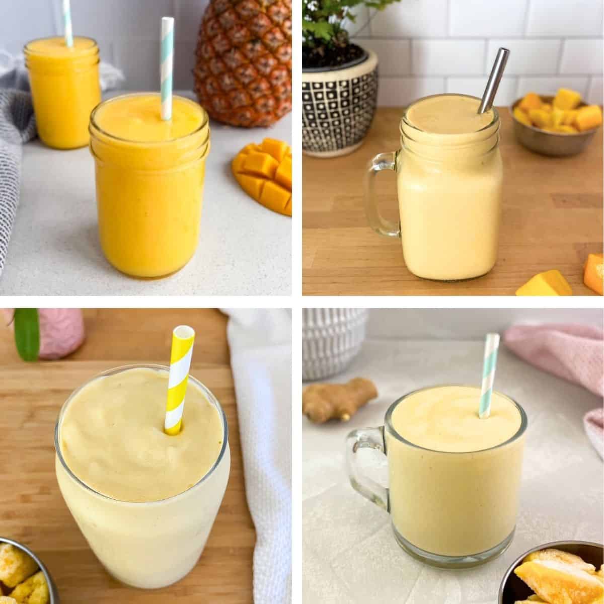 Collage of four creamy mango smoothies served in glass jars and cups on a kitchen counter, each with a straw and fresh mango pieces visible in the background.