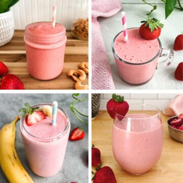 Strawberry smoothie recipes collage showing four different strawberry smoothies in glasses and jars with fresh strawberries and fruit.