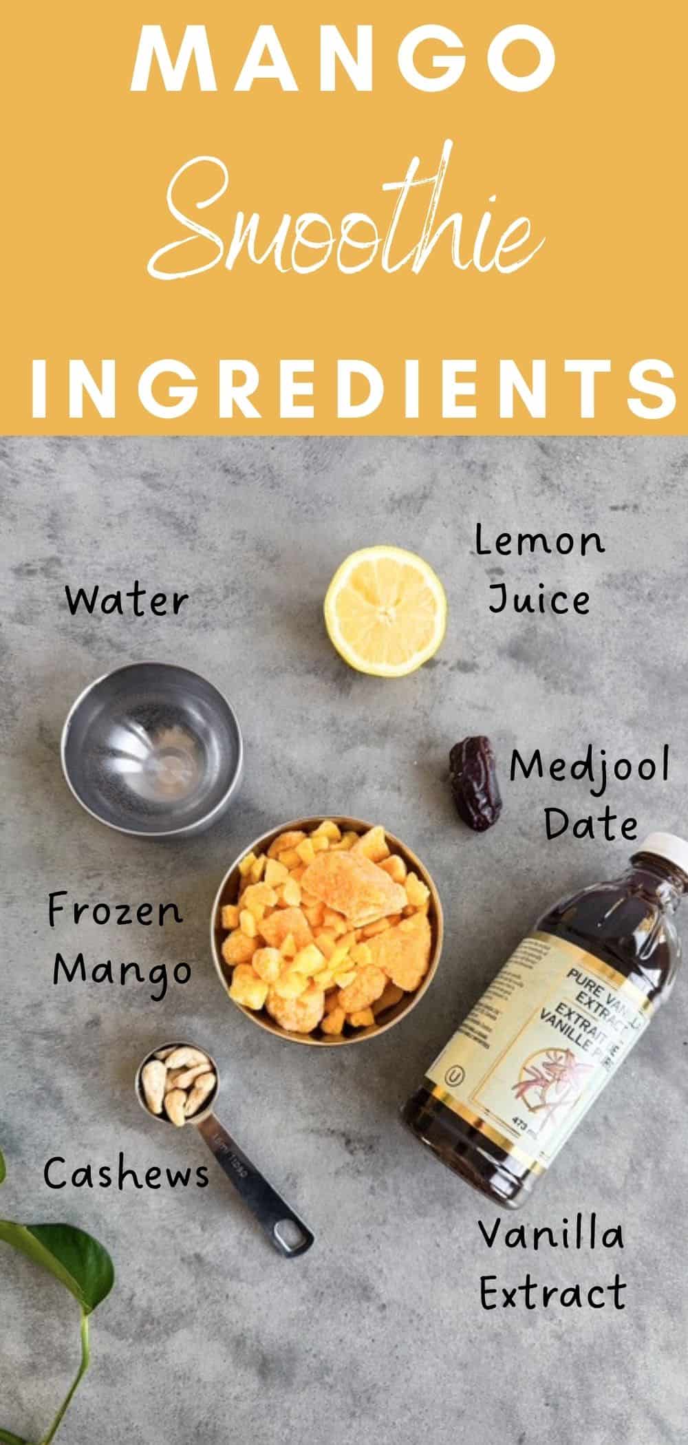 Flat lay of mango smoothie ingredients including frozen mango, cashews, lemon juice, vanilla extract, Medjool date, and water on a grey surface