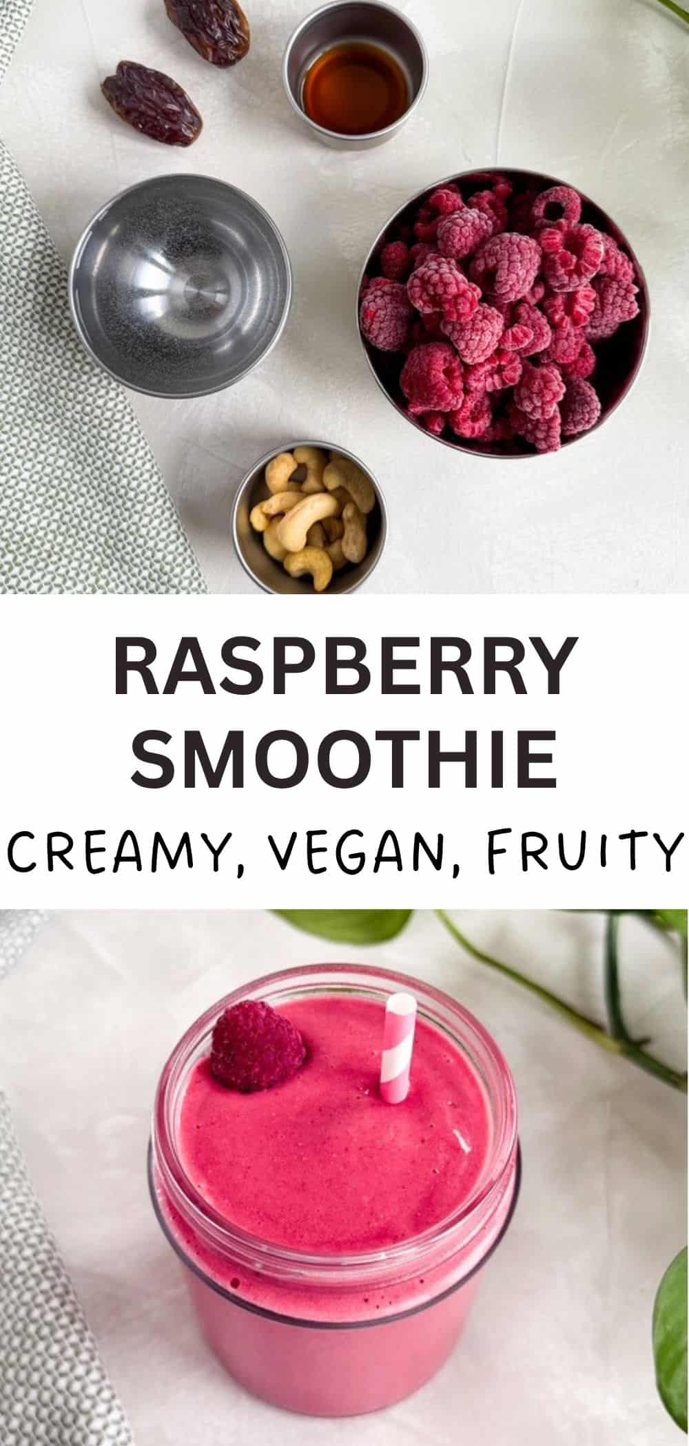 Raspberry smoothie ingredients including frozen raspberries, dates, and cashews in top image and a blended smoothie in a jar in bottom image.
