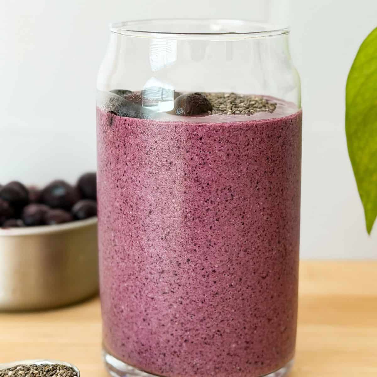 Creamy purple blueberry breakfast smoothie in a glass, topped with whole blueberries and chia seeds, with fresh blueberries in the background.
