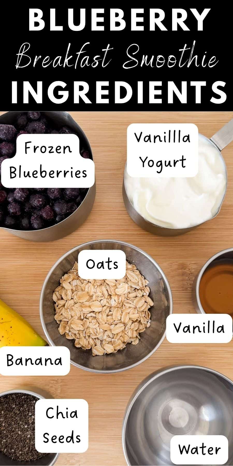 Blueberry breakfast smoothie ingredients including frozen blueberries, banana, oats, chia seeds, vanilla Greek yogurt, vanilla, and water.
