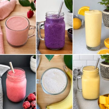 Six fruit protein smoothies featuring strawberry, blueberry, orange, cherry, banana, and mango smoothies
