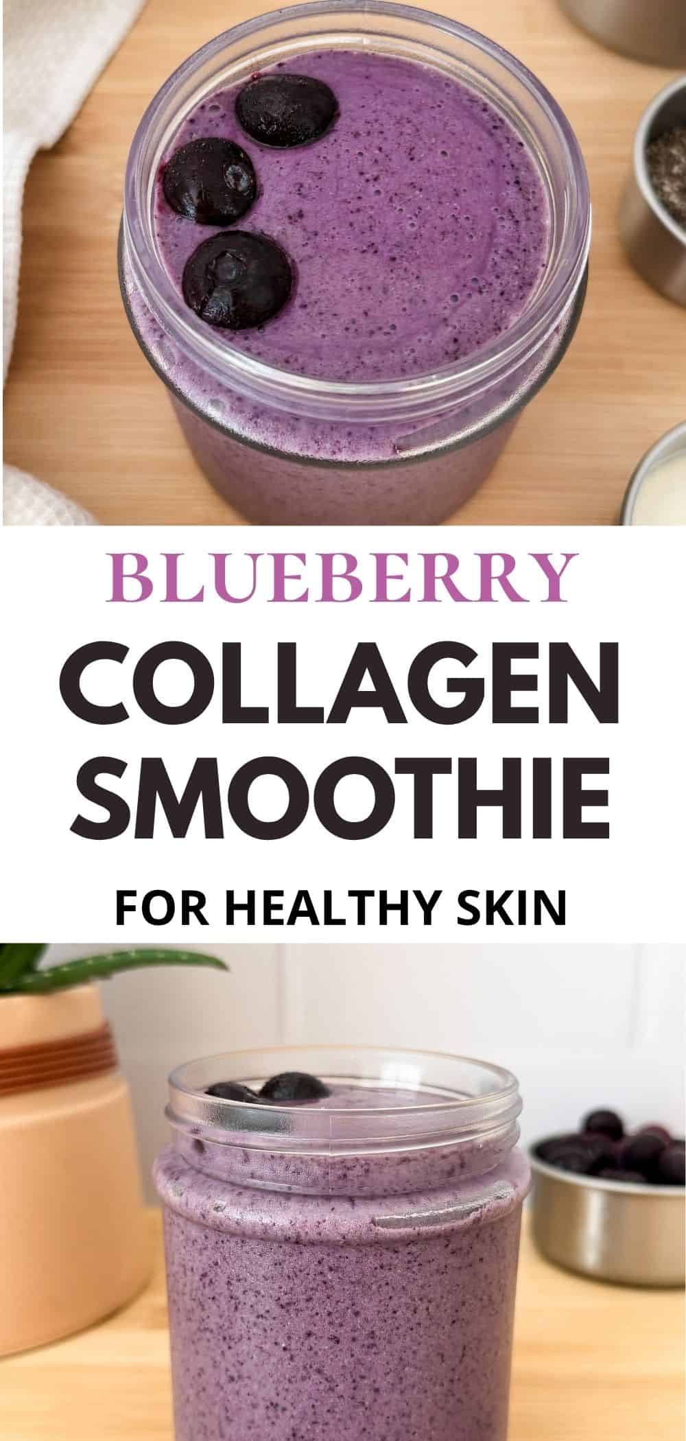 Two photos of a purple blueberry collagen smoothie topped with frozen blueberries.