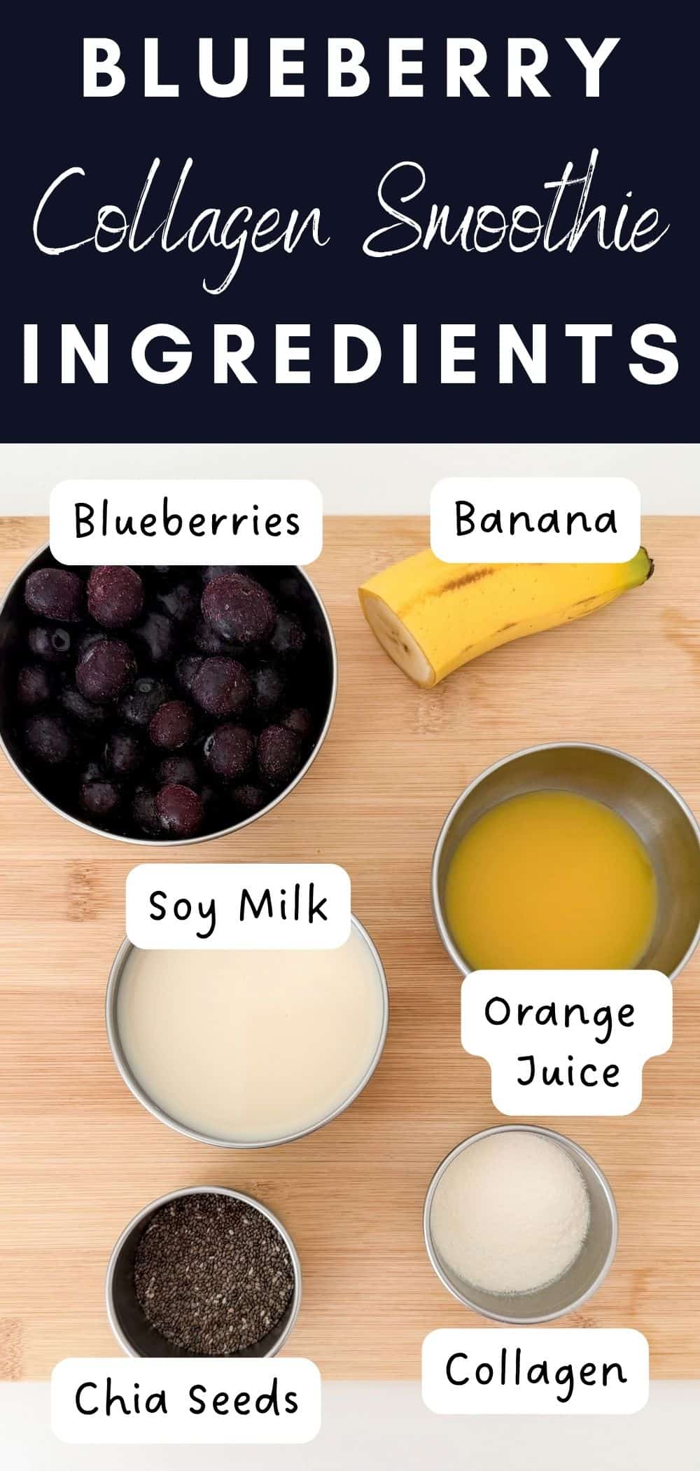 Blueberry collagen smoothie ingredients including frozen blueberries, banana, soy milk, orange juice, chia seeds, and collagen powder.